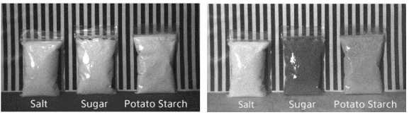 （左：可見光；右：短波紅外線）利用短波紅外線吸收率的差異進(jìn)行材料分類