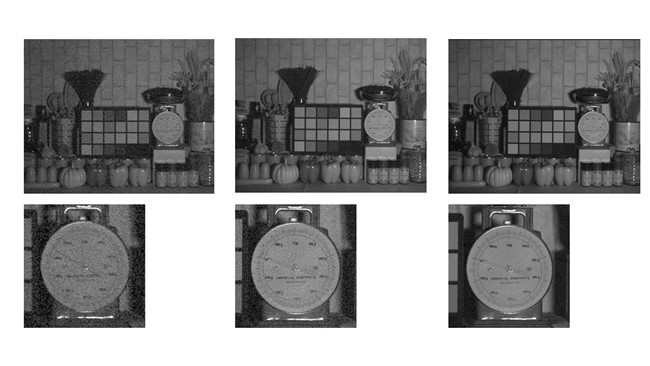 黑暗環(huán)境下的圖像質(zhì)量和噪點(diǎn)對比: 照明波長1450nm （左圖：其他SSS產(chǎn)品，134萬有效像素；中圖：IMX992，選擇HCG模式；右圖：IMX992，選擇HCG模式，啟用DRRS）